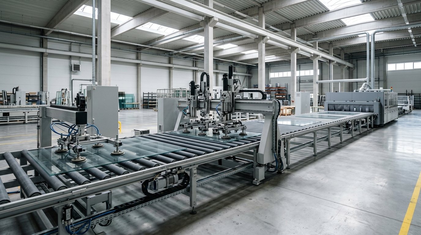 Primer plano de máquina industrial de procesamiento de vidrio