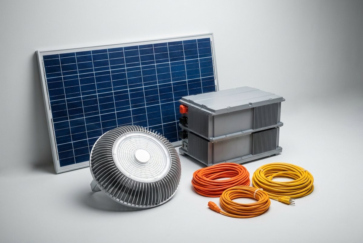 Paneles solares, luminarias LED y un módulo de batería de litio