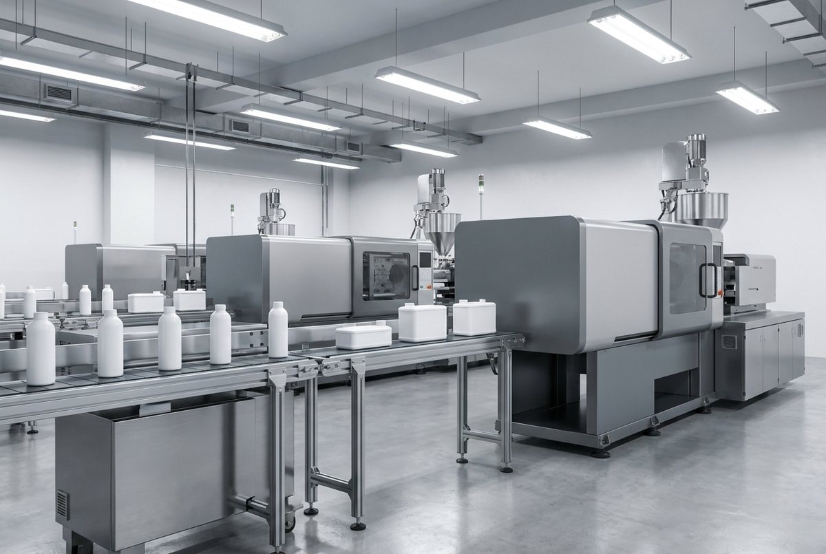 Línea de moldeo por inyección en una fábrica de plásticos produciendo envases blancos