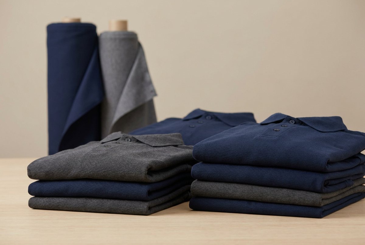 Pilas de uniformes de trabajo doblados y prendas en una fábrica textil