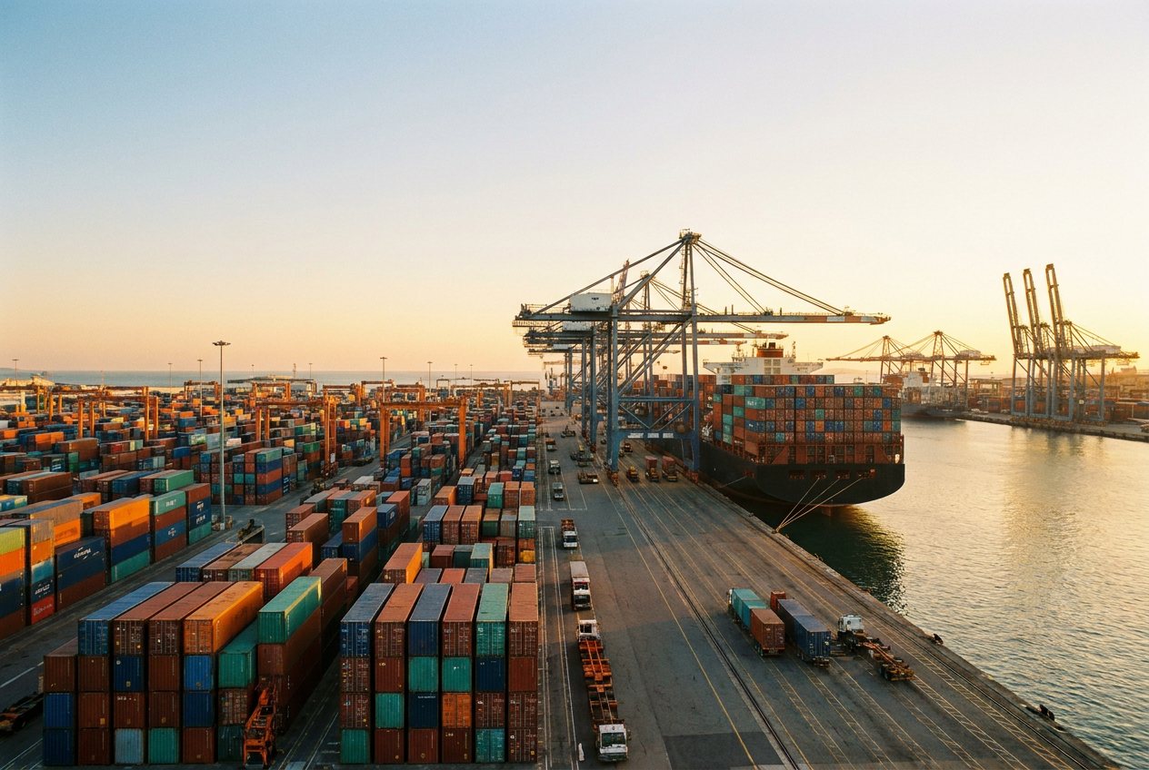 Contenedores apilados y un buque de carga en una terminal portuaria internacional