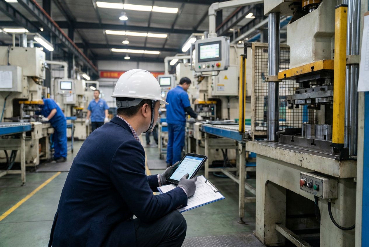 Especialista de abastecimiento con tablet auditando a un proveedor en una planta de producción en Asia